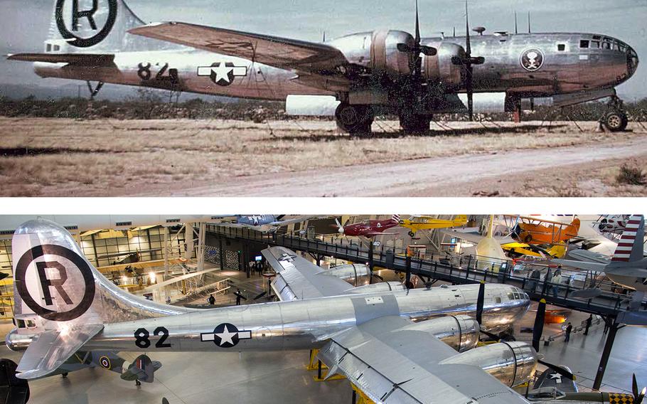 An undated file photo of the "Enola Gay" at the Boneyard, top, and more recently at the Smithsonian's Udvar-Hazy Center in Virginia.