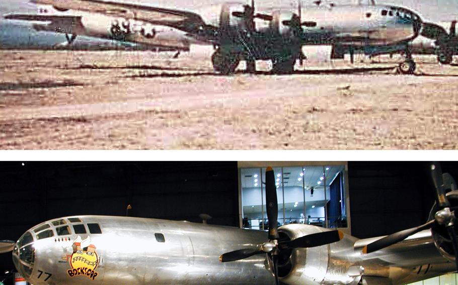 An undated photo of the B-29 "Bocks Car" at the Boneyard, top, and at the National Museum of the United States Air Force in Dayton, Ohio, in 2004.