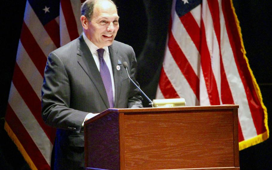 Secretary of the Department of Veterans Affairs, Bob McDonald speaks to the crowd during the launch of the Hidden Heroes campaign for military caregivers. Hidden Heroes is a groundbreaking campaign created by the Elizabeth Dole Foundation to call attention to the countries 5.5 million military and veteran caregivers.