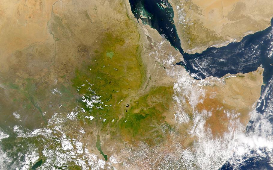 A NASA image shows the East African nations of Ethiopia, Eritrea, and Somalia, as well as portions of Kenya, Sudan, Yemen, and Saudi Arabia, as seen on Nov. 29, 2000.