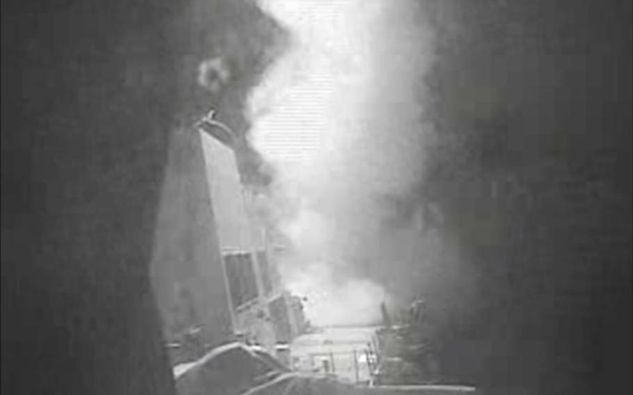 A video screen grab shows a missile launch from the USS Nitze on Oct. 13, 2016, in the Red Sea off the coast of Yemen.
