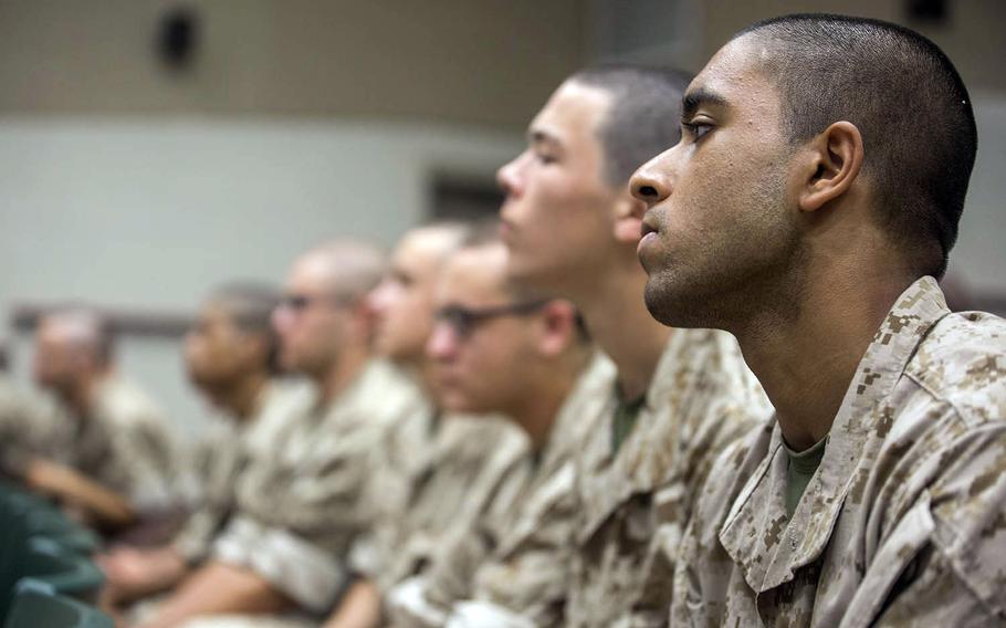 Recruits of Delta Company, 1st Recruit Training Battalion, learn about educational benefits Aug. 26, 2015, on Parris Island, S.C. During the class, recruits learn about the various tuition assistance programs available, such as the Post-9/11 G.I. Bill and the Montgomery G.I. Bill.