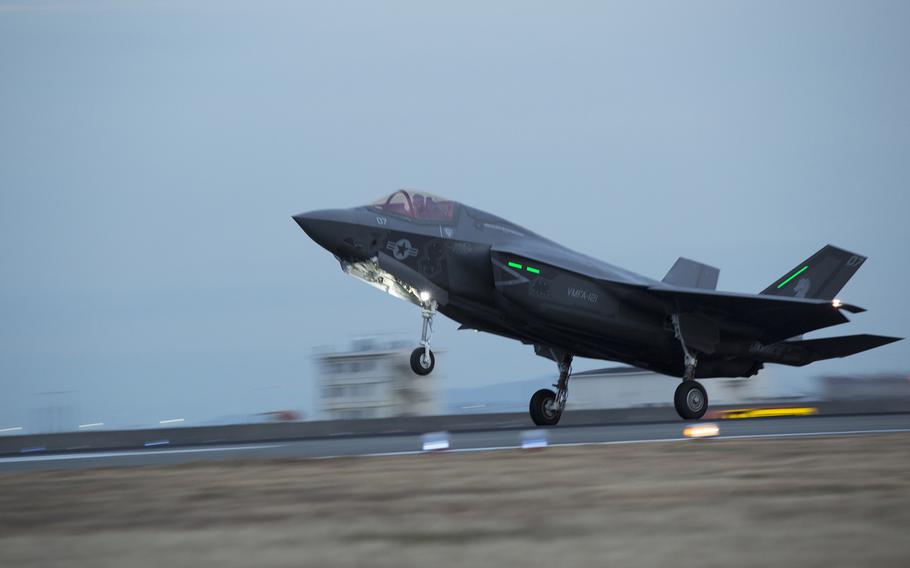 An F-35B Lightning II with Marine Fighter Attack Squadron (VMFA) 121 lands at Marine Corps Air Station Iwakuni, Japan, Jan. 18, 2017. VMFA-121 conducted a permanent change of station to MCAS Iwakuni, from MCAS Yuma, Ariz.


