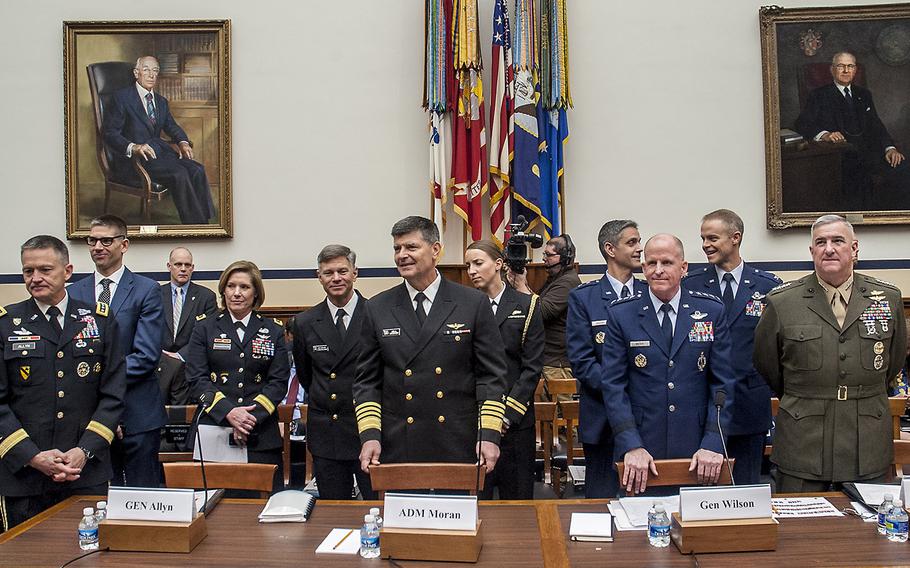 From left: Vice Chief of Staff of the Army Gen. Daniel B. Allyn, Vice Chief of Naval Operations Adm. William F. Moran, Vice Chief of Staff of the Air Force Gen. Stephen W. Wilson and Assistant Commandant of the Marine Corps Gen. Glenn M. Walters prepare to testify before the House Armed Services Committee, Feb. 7, 2017, on Capitol Hill.