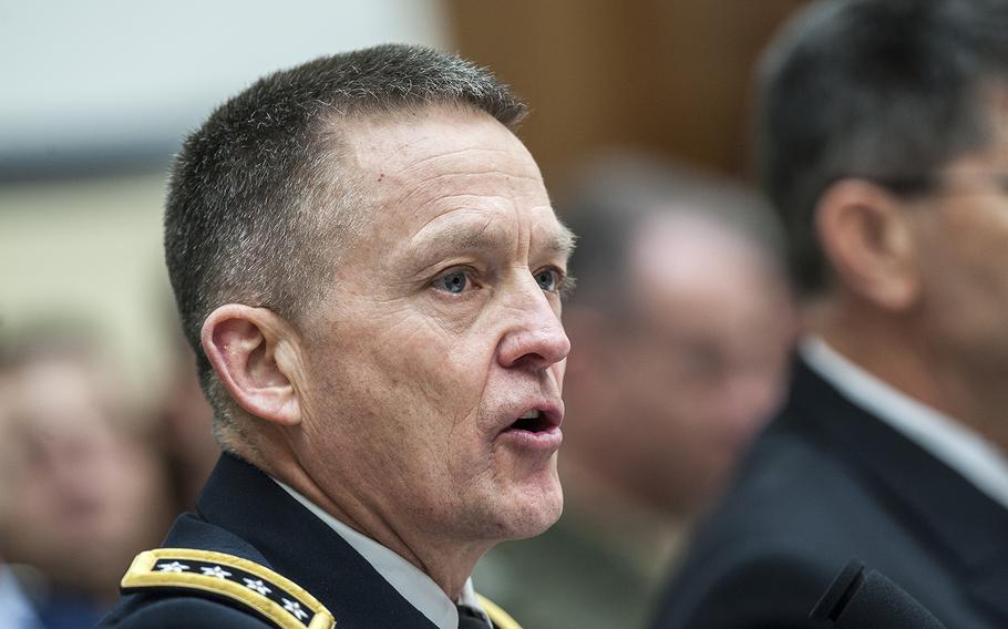 Vice Chief of Staff of the Army Gen. Daniel B. Allyn, testifies before the House Armed Services Committee, Feb. 7, 2017, on Capitol Hill. "The most important actions you can take," Allyn told committee members, "will be to immediately repeal the 2011 Budget Control Act."