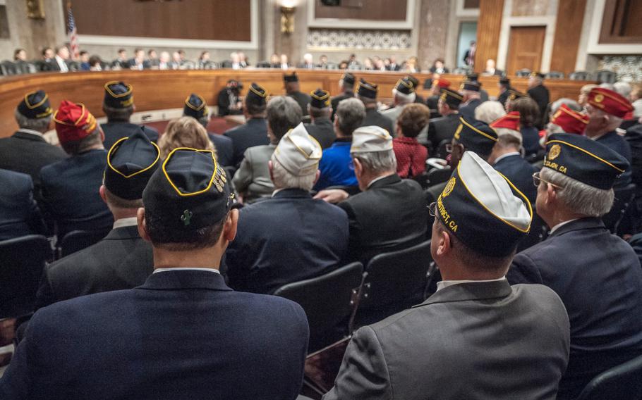 Hundreds of American Legion members attend a a presentation on Capitol Hill on Wednesday, March 1, 2017, as members of Congress heard testimony on issues of concern to military veterans.