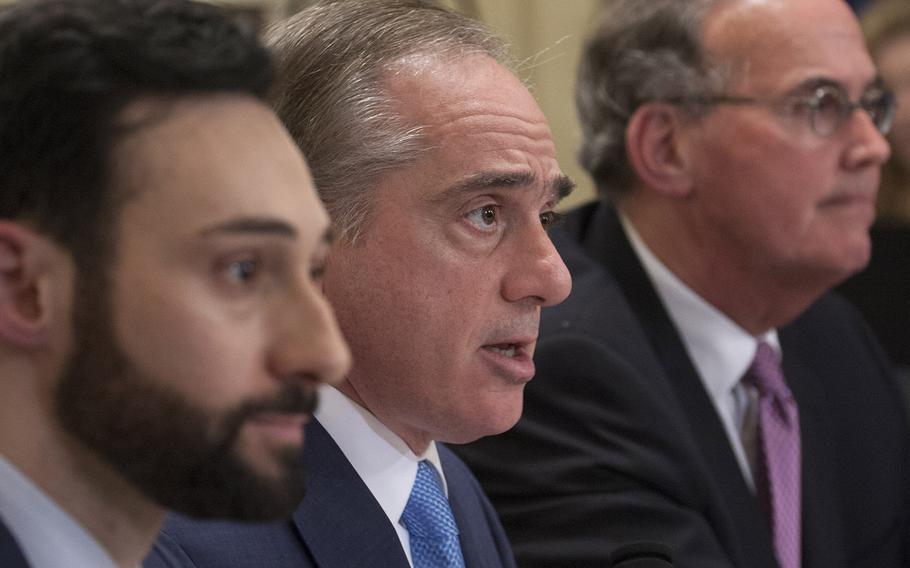 Secretary of Veterans Affairs Dr. David Shulkin, center, testifies at a House Committee on Veterans' Affairs hearing on Capitol Hill, March 7, 2017. Others testifying included Dr. Baligh Yehia, left, the Veterans Health Administration's deputy under secretary for health for community care, and VA Inspector General Michael J. Missal, right.