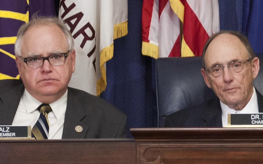 House Committee on Veterans' Affairs Chairman Phil Roe, R-Tenn., right, and Ranking Member Tim Walz, D-Minn., listen to testimony at a hearing on Capitol Hill, March 7, 2017.