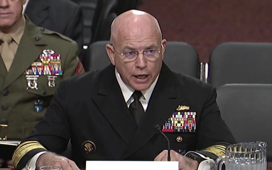 Navy Adm. Kurt W. Tidd, commander of U.S. Southern Command testifies at a Senate Armed Services Committee hearing, April 6, 2017. 