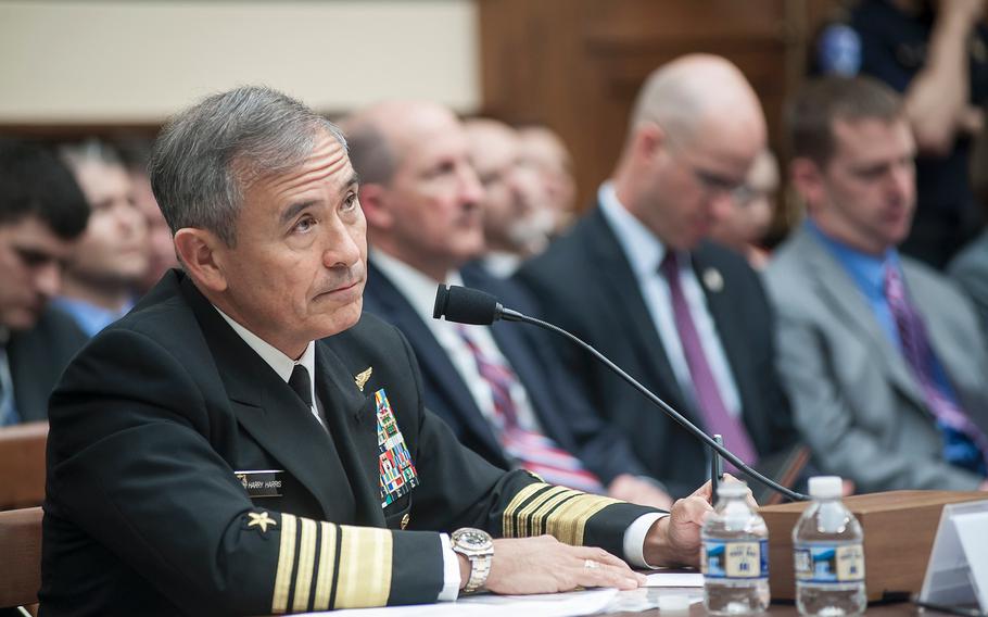 Adm. Harry Harris listens to a question during a House Committee on Armed Services hearing on Capitol Hill in Washington, D.C., on Wednesday, April 26, 2017. Harris, the commander of the U.S. Pacific Command, testified before committee members concerning the importance of America's engagement in the Indo-Asia-Pacific region.