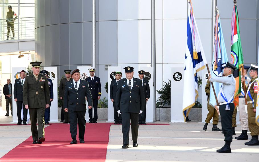 Chairman of the Joint Chiefs of Staff, General Joseph Dunford was received by a full honor guard of Israel Defense Forces soldiers at the IDF headquarters in Tel Aviv, Tuesday, May 9, 2017.