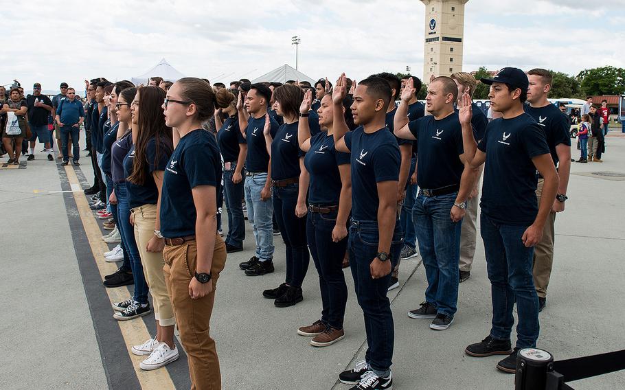 High school students from Solano County took the oath of enlistment at Travis Air Force Base in California on May 6, 2017.