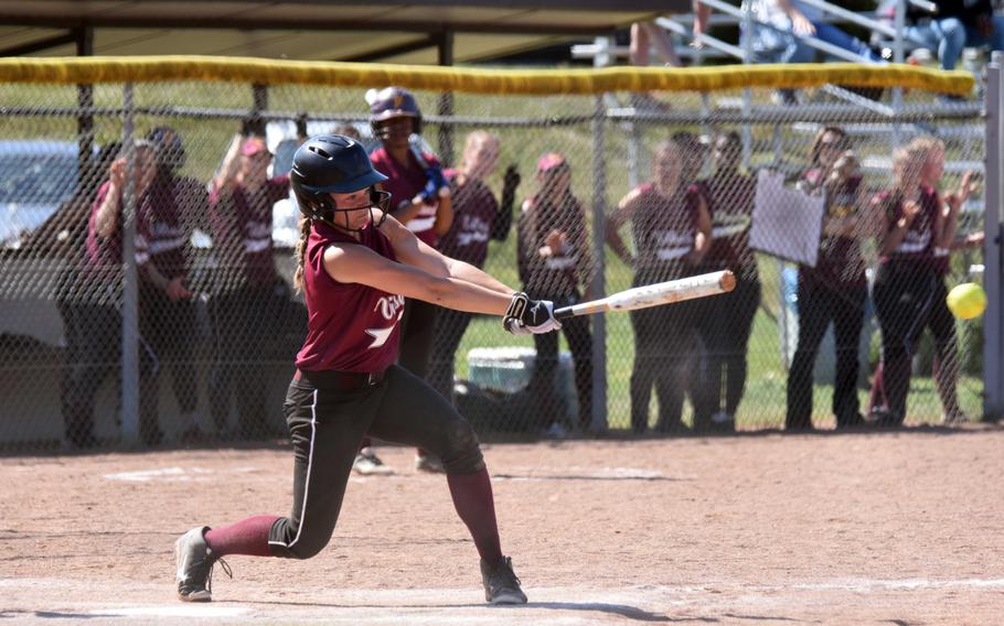 Vilseck's Kayla Silden hits the ball in a game against Wiesbaden during the first day of the Softball Championships in Kaiserslautern, Germany, Thursday, May 25. 