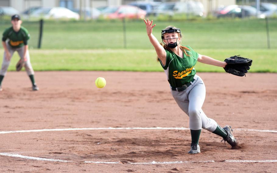 SHAPE pitcher Samantha Herrejon throws the ball toward the plate during a game against Kaiserslautern in the first game of the Softball Championships at Kaiserslautern, Germany, Thursday, May 25. 
