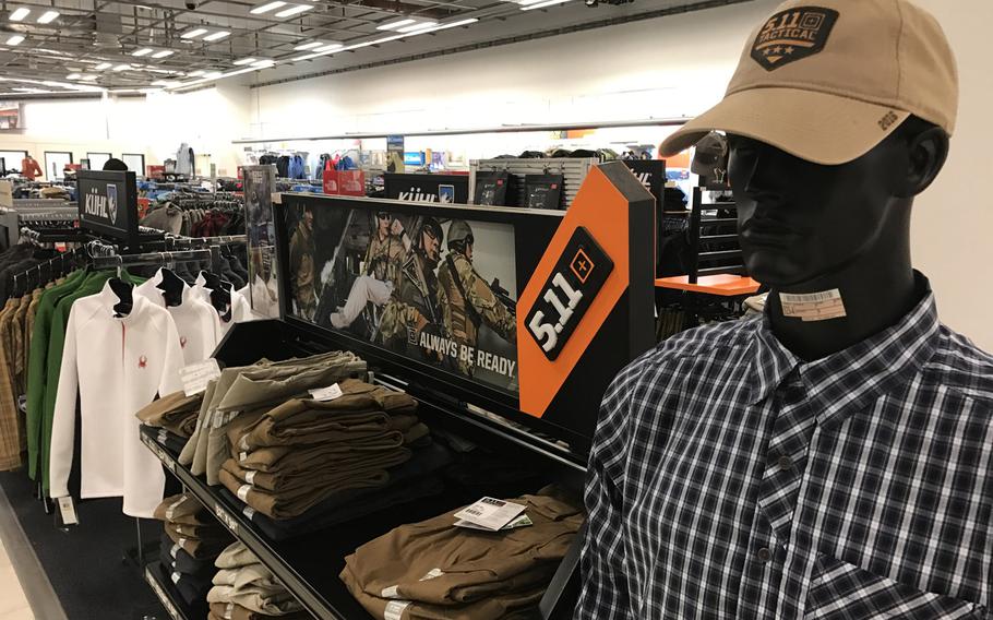 Apparel made by 5.11 Tactical is displayed at the Kaiserslautern Military Community Center main exchange, Ramstein Air Base, Jan. 13, 2017. 
