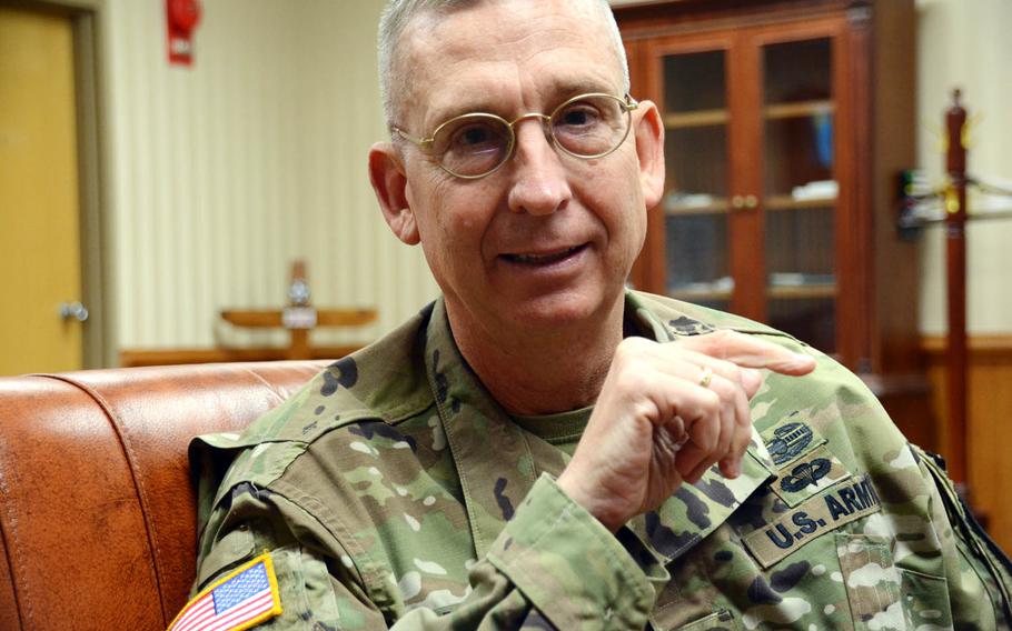 Maj. Gen. Ted Martin, outgoing commander of the 2nd Infantry Division in South Korea, speaks to Stars and Stripes at his Camp Red Cloud office, Monday, July 10, 2017. 