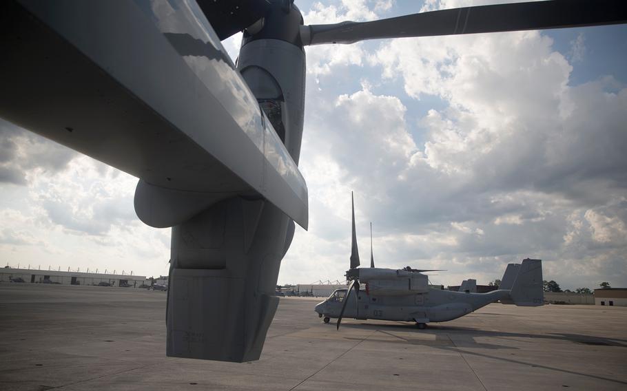 A U.S. Marine Corps MV-22 Osprey assigned to Marine Medium Tiltrotor Squadron (VMM) 263, is positioned on the flight line ready for flight operations at Marine Corps Air Station New River, July 5, 2017. 