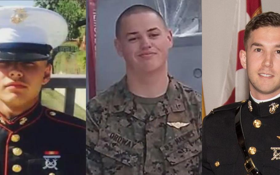 Pfc. Ruben Velasco, from left, Cpl. Nathaniel Ordway and 1st Lt. Benjamin Cross were identified as the Marines killed in an Osprey crash in Australia over the weekend.
