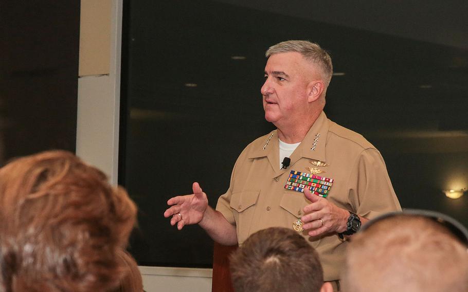 U.S. Marine Corps Gen. Glenn M. Walters, assistant commandant of the Marine Corps, speaks to high school students attending the National Student Leadership Conference (NSLC) at American University, Washington, D.C., Aug. 4, 2017. 