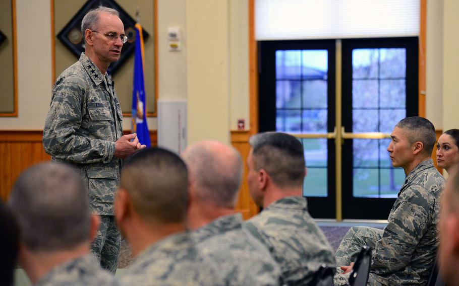 Lt. Gen. Mark Ediger, surgeon general of the Air Force, briefs airmen from the 341st Medical Group during a commander's call May 2, 2017, at Malmstrom Air Force Base, Mont.
