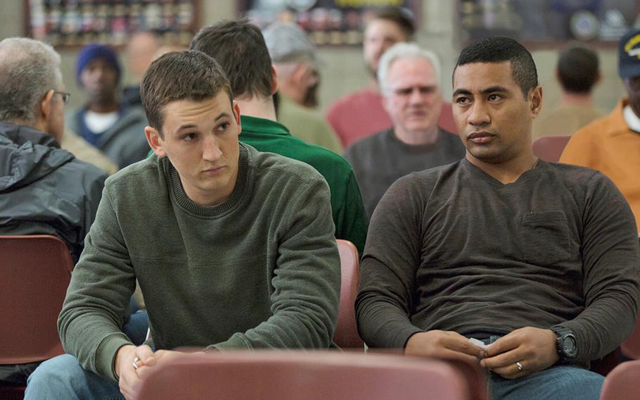 Miles Teller, left,  and Beulah Koale star in DreamWorks Pictures' "Thank You for Your Service."  The drama follows a group of U.S. soldiers returning from Iraq who struggle to integrate back into family and civilian life, while living with the memory of a war that threatens to destroy them long after they've left the battlefield.