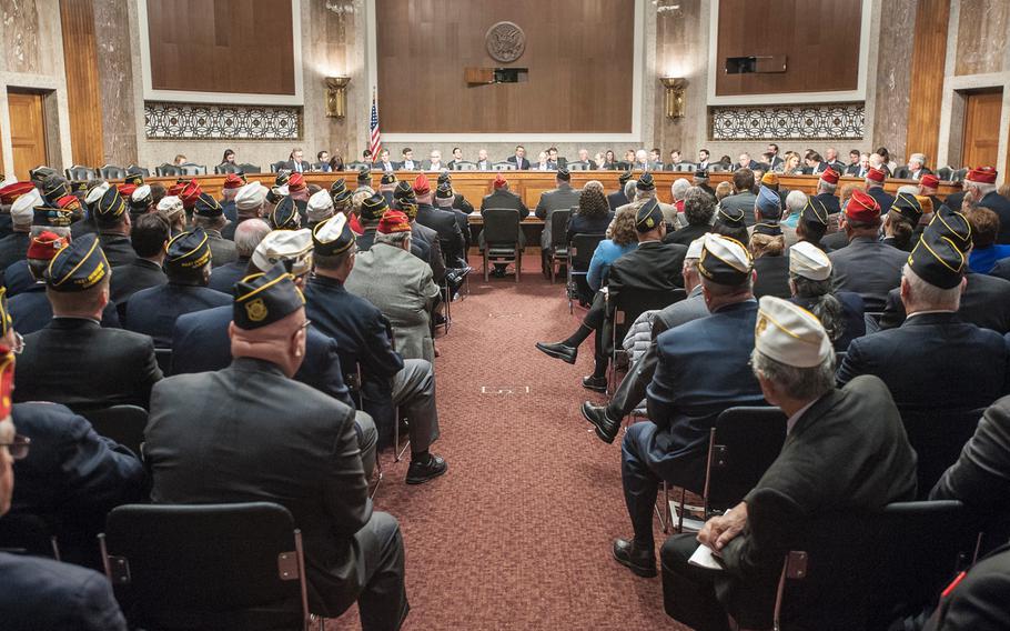 Veterans attend a presentation at the Capitol in Washington on March 1, 2017, as lawmakers heard from American Legion representatives about veterans' issues.