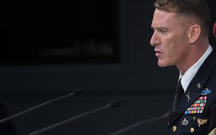 Operation Inherent Resolve spokesman U.S. Army Col. Ryan Dillon briefs reporters at the Pentagon on July 13, 2017.