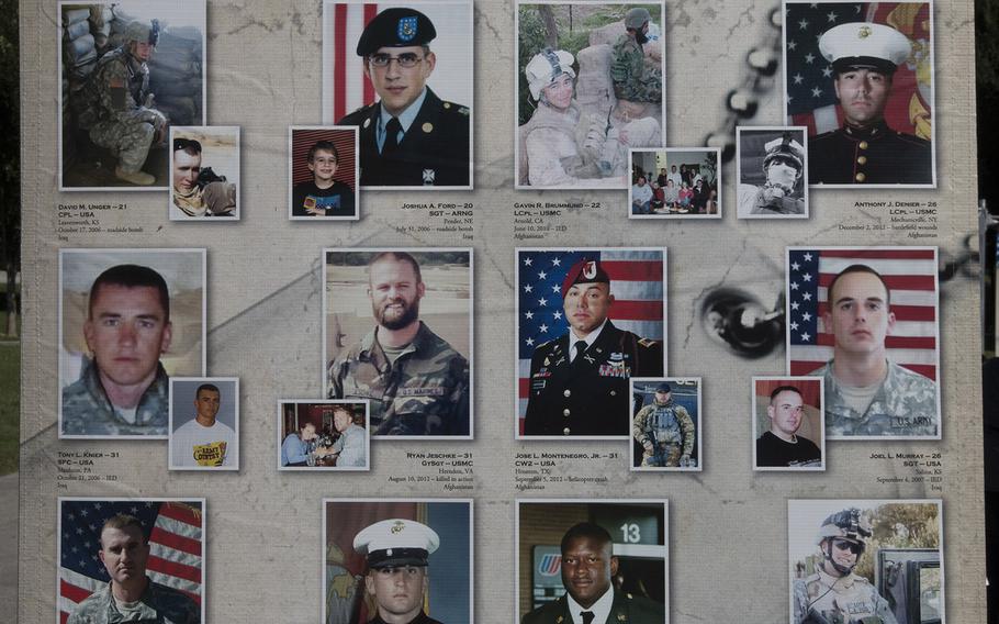Part of one of the panels from "Remembering Our Fallen," a traveling tribute to those who have died since 9/11 in the war against terrorism, September 7, 2017 at the Lincoln Memorial in Washington, D.C. The panels have a military and non-military photo of each servicemember, in addition to personal information.