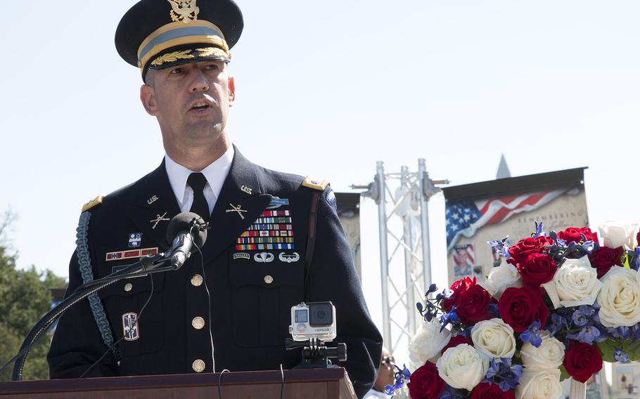 Lt. Col. R. Tyler Willbanks, deputy commander of the 3rd U.S. Infantry Regiment (Old Guard), speaks at a ceremony for "Remembering Our Fallen," a traveling tribute to those who have died since 9/11 in the war against terrorism, September 7, 2017 at the Lincoln Memorial in Washington, D.C.