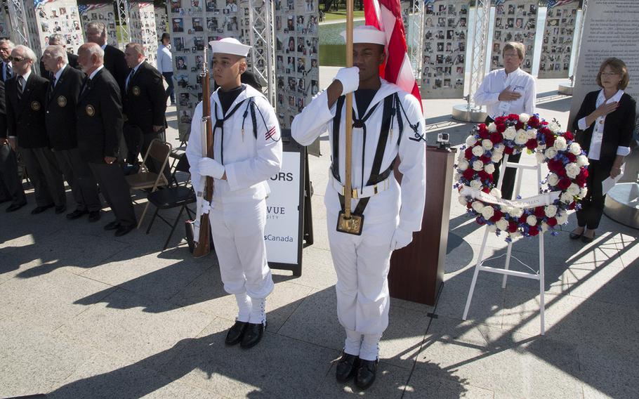 Part of the Navy Color Guard at a ceremony for "Remembering Our Fallen," a traveling tribute to those who have died since 9/11 in the war against terrorism, September 7, 2017 at the Lincoln Memorial in Washington, D.C.