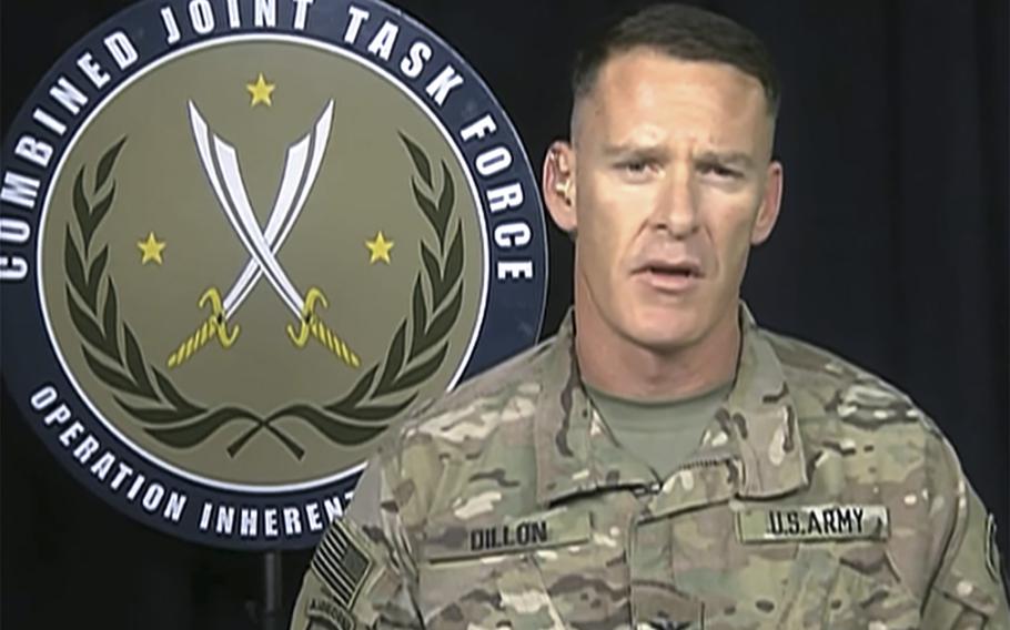 In a June 2017 capture from a DOD video, Col. Ryan S. Dillon, spokesman for Combined Joint Task Force-Operation Inherent Resolve, talks to reporters.