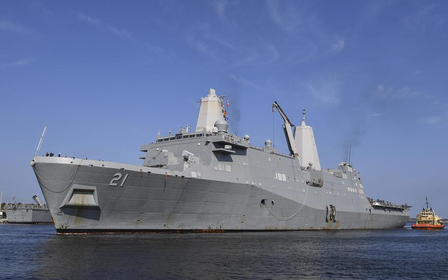 The amphibious transport dock ship USS New York (LPD 21) returns to homeport at Naval Station Mayport, Fla., on Sept. 19, 2017.