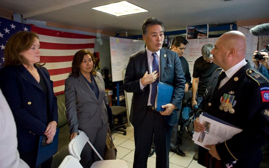 Rep. Mark Takano, D-Calif., along with Reps. Lou Correa, D-Calif., Kathleen Rice, D-N.Y., Norma Torres, D-Calif., and Gregorio Sablan, I-Northern Mariana Islands, spoke with veterans at the Deported Veterans Support House, founded by 82nd Airborne veteran Hector Barajas-Varela, right, on Oct. 6, 2017.