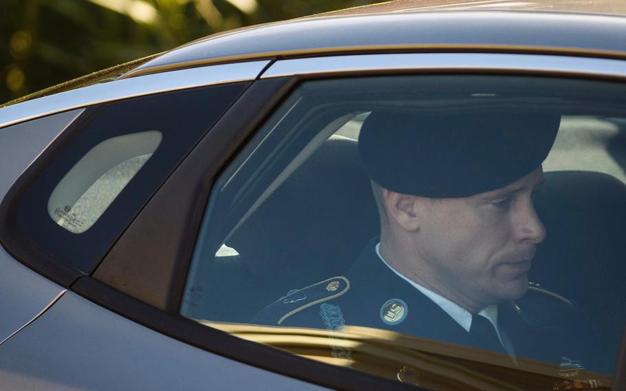 Army Sgt. Bowe Bergdahl leaves the Fort Bragg courtroom facility after the defense and prosecution rested in a sentencing hearing on Thursday, Nov. 2, 2017, on Fort Bragg, N.C.