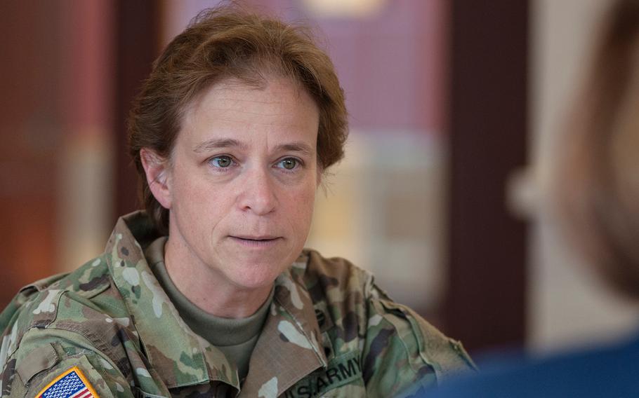 Brig. Gen. Diana Holland explains how the Army Corps of Engineers is backing the Federal Emergency Management Agency in its recovery efforts in Puerto Rico on Nov. 10, 2017, nearly two months after Hurricane Maria devastated the island.