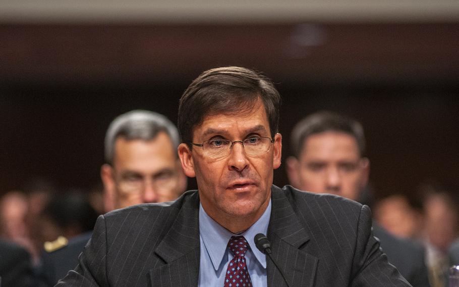 Secretary of the Army Mark Esper answers a question about military acquisitions during a Senate Armed Services Committee hearing on Capitol Hill in Washington, D.C., on Thursday, Dec. 7, 2017. "A long ride lies ahead and the challenges are great," Esper said concerning overhauling the Defense Departments current acquisition system.