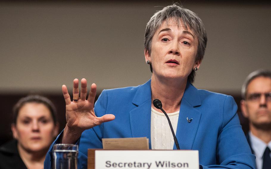 Secretary of the Air Force Heather Wilson answers a question about military acquisitions during a Senate Armed Services Committee hearing on Capitol Hill in Washington, D.C., on Thursday, Dec. 7, 2017. Wilson noted that the Air Force manages 470 acquisition programs, worth about $158 billion over a 5-year period.