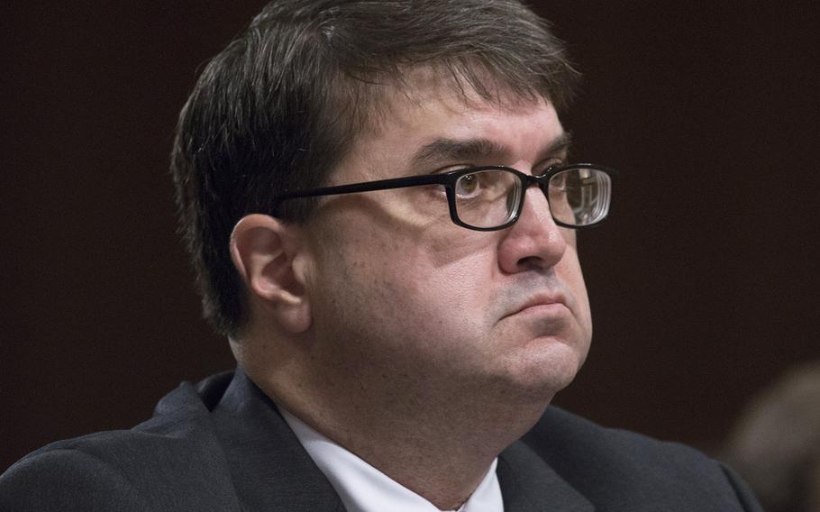 In a Nov. 2, 2017 file photo, Robert L. Wilkie, then the nominee to be Under Secretary of Defense for Personnel and Readiness, listens during a Senate Armed Services Committee hearing on Capitol Hill. Wilkie will serve as acting Secretary of Veterans Affairs, it was announced on March 28, 2017.
