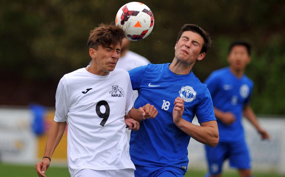Naples' Christian Albright and Ramstein's Connor Settle go for the header in a Division I semifinal at the DODEA-Europe soccer championships in Reichenbach, Germany. Ramstein beat Naples 1-0 in overtime to advance to Saturday's final.

