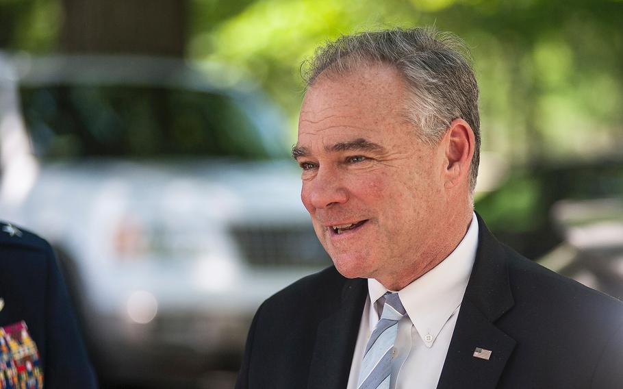Sen. Tim Kaine chats outside the Russell Senate building on Capitol Hill in Washington, D.C. on May 17, 2017.