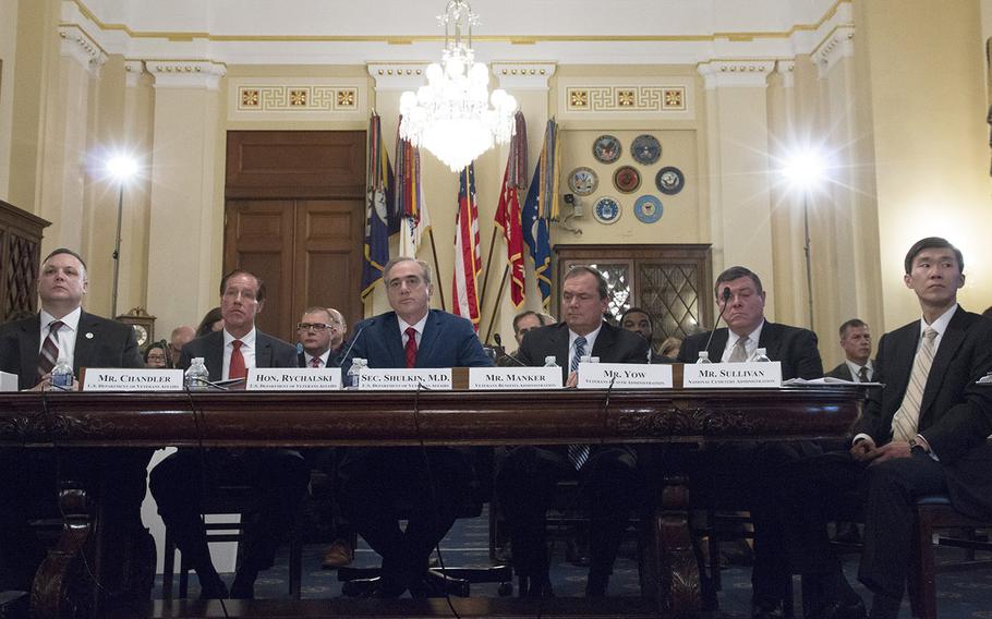 VA Secretary David Shulkin, third from left, listens during a House Veterans' Affairs Committee budget hearing on Capitol Hill, Feb. 15, 2018. Joining him at the witness table are, left to right, Richard Chandler, VA Deputy Assistant Secretary for Resource Management; Jon Rychalski, VA Assistant Secretary for Management and CFO; James Manker, Acting Principal Deputy Under Secretary for Benefits of the Veterans Benefits Administration; Mark Yow, CFO of the Veterans Health Administration; and Matthew Sullivan, Deputy Under Secretary for Finance and Planning of the National Cemetery Administration.