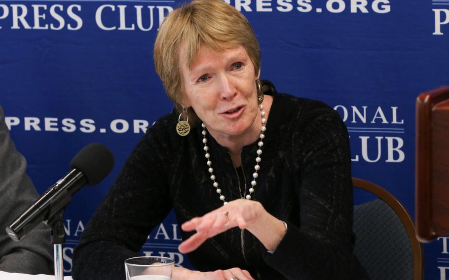 Margaret MacMillan, professor of history at the University of Toronto and author of several historical books, including best-seller "Peacemakers: The Paris Peace Conference of 1919 and Its Attempt to End War," speaks during a World War I question and answer session held in Washington on Thursday, March 29, 2018.  
