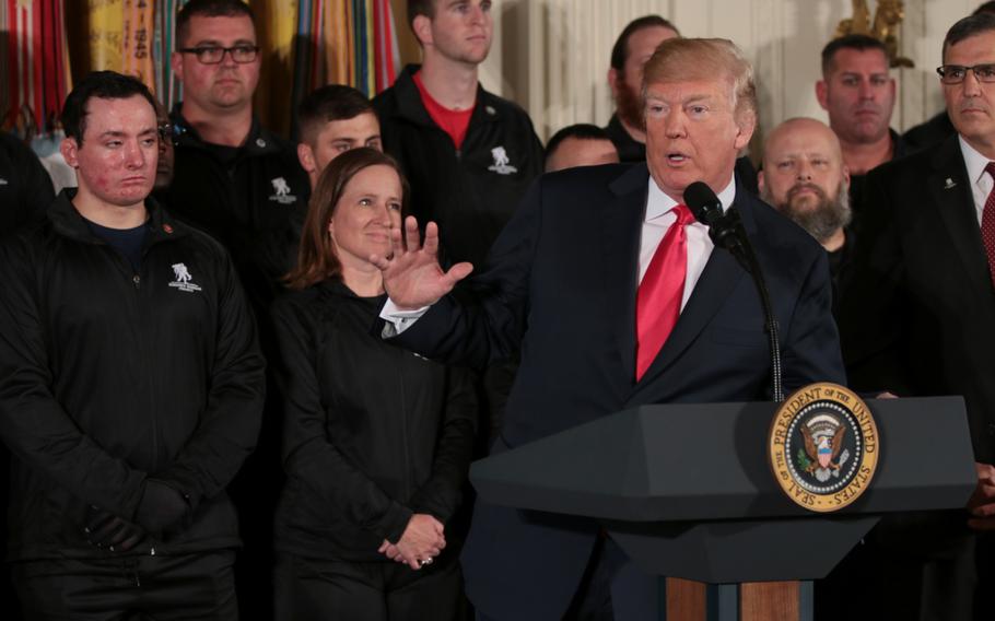 President Donald Trump speaks at a ceremony held for the Wounded Warrior Project Soldier Ride in Washington, D.C. on April 26, 2018. 