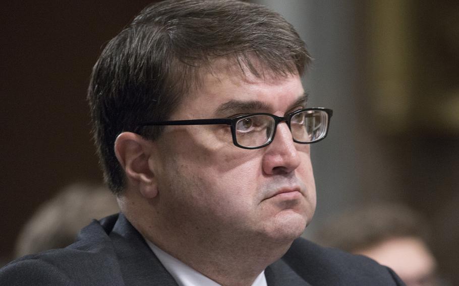 A lawsuit claims that the appointment of acting VA Secretary Robert Wilkie, shown here at a Senate hearing in 2017, bypassed the order of succession at the Department of Veterans Affairs.