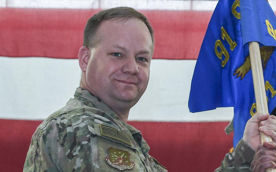 Col. Jason Beers, the former 91st Security Forces Group commander, takes part in a ceremony at Minot Air Force Base, N.D. on Nov. 5, 2017. Beers, who was removed from his post after explosives and a machine gun were lost in separate incidents, is slated to take a new assignment at Air Force Special Operations Command in Florida.