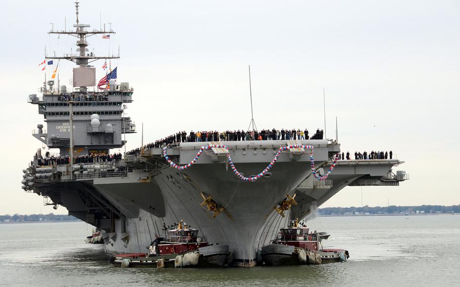 The aircraft carrier USS Enterprise (CVN 65) arrives at Naval Station Norfolk, Va., on Nov. 4, 2012. The Enterprise's return to Norfolk was the 25th and final homecoming of her 51 years of service. 