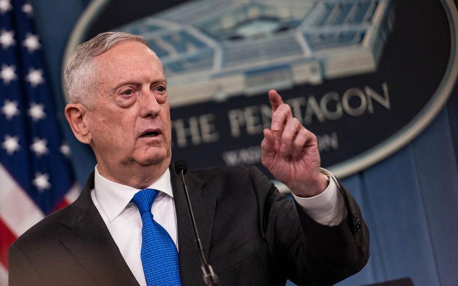 Defense Secretary Jim Mattis takes questions from reporters on Aug. 28, 2018 at the Pentagon.