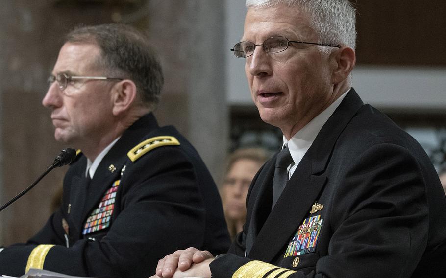 Vice Adm. Craig S. Faller, right, answers a question during a Senate Armed Services Committee confirmation hearing on Capitol Hill, Sept. 25, 2018. At left is Gen. Robert B. Abrams, who was nominated to serve as the next commander of U.N. Command, Combined Forces Command and U.S. Forces Korea.