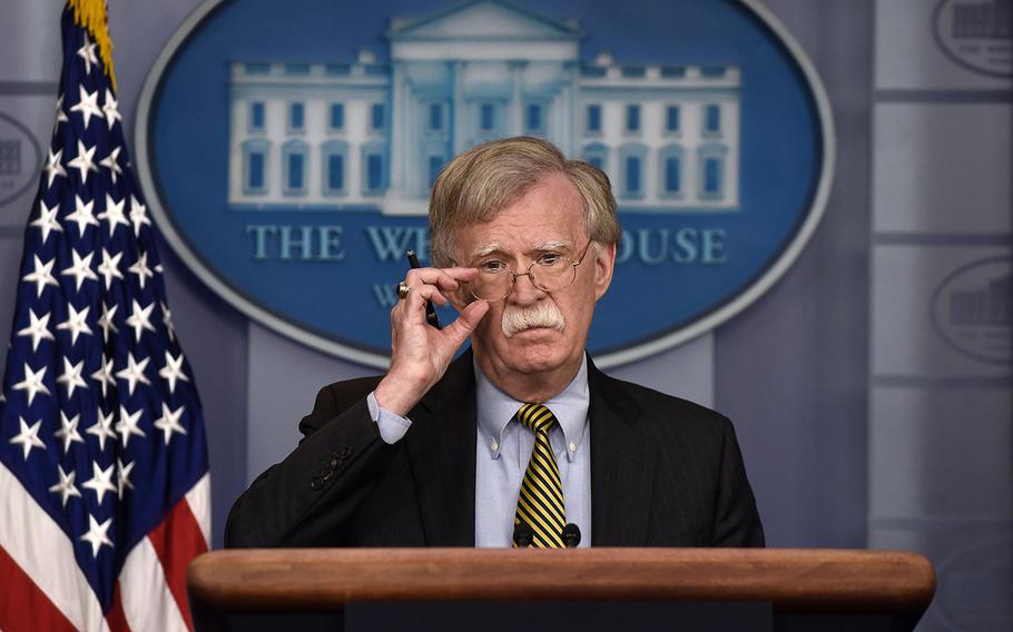 National security adviser John Bolton answers questions from the media during a press briefing on Wednesday, Oct. 3, 2018 at the White House in Washington, D.C.