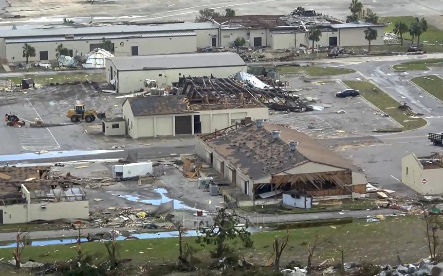 A video screen grab shows some of the destruction caused by Hurricane Michael at Tyndall Air Force Base, Fla.